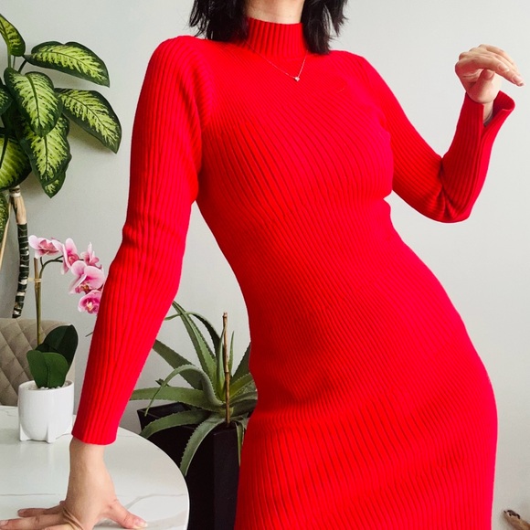 ✨HOST PICK ✨ Mock Neck Red Sweater Dress with Long Sleeves and Asymmetrical Cut - Picture 2 of 7